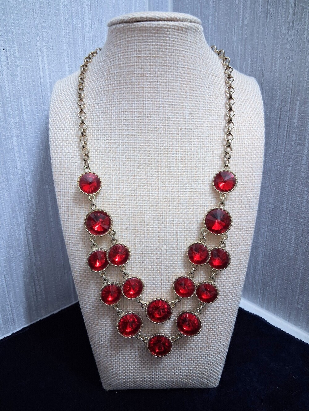 Ruby Rows Statement Necklace Bronze Tone Chain Double Drop